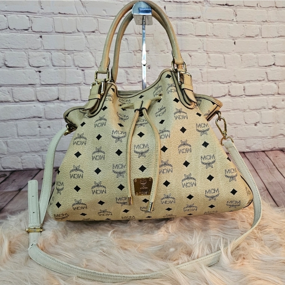 MCM Cream Monogram Shoulder Bag